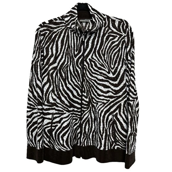 2/$30 Chicos Full Zip Track Jacket Size 2 L Zebra Print Semi Sheer Boho Stretch - Picture 1 of 12